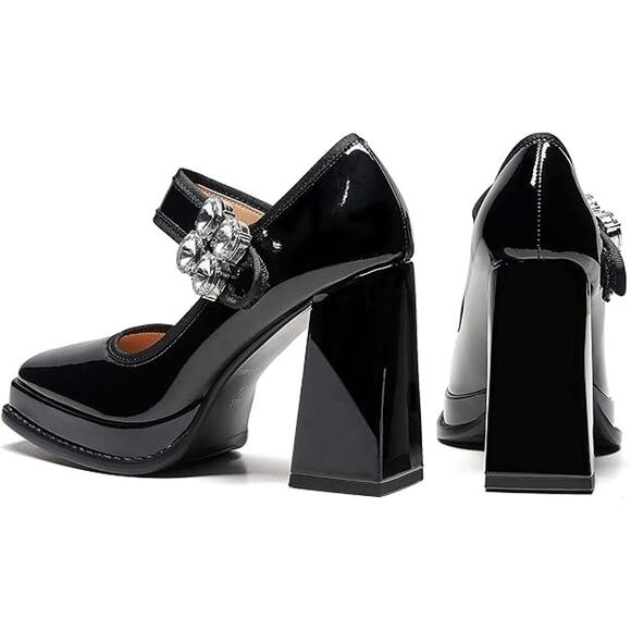 Women's Black Mary Jane Pumps Low-Cut High-Heeled Dress Shoe Square Toe SZ 9 - Picture 6 of 7